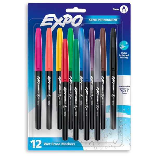 Expo Vis-A-Vis Wet Erase Markers, Fine Point, Assorted, 12 Count SAN2211379