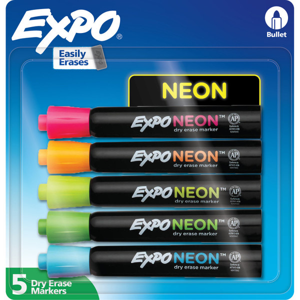 Expo Neon Dry Erase Markers, Assorted Colors, Bullet Tip, 5 Count SAN2211553