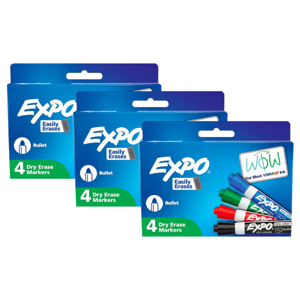 Expo Low Odor Dry Erase Markers, Bullet Tip, Assorted Colors, 4 Per Pack, 3 Packs SAN82074-3