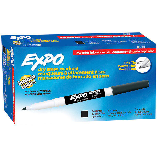 Expo Low Odor Dry Erase Markers, Fine Tip, Black, Box Of 12 SAN86001BX