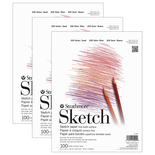 Strathmore 200 Series Sketch Pad, Tape Binding, 100 Sheet, 9X12 Inch, Pack Of 3 STTP255091-3