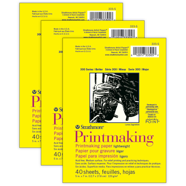 Strathmore 300 Series Printmaking Pad, Glue Binding, 40 Sheet, 5X7 Inch, Pack Of 3 STTP3335-3