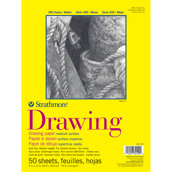 Strathmore 300 Series Drawing Pad, Glue Binding, 50 Sheet, 9X12 Inch, 1 Count STTP3401091