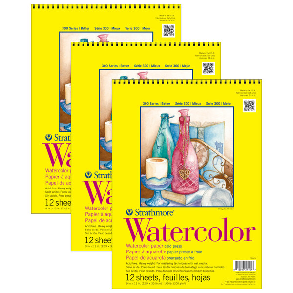 Strathmore 300 Series Watercolor Pad, Cold Pressed, Top Wire Binding, 12 Sheet, 9X12 Inch, Pack Of 3 STTP36091-3