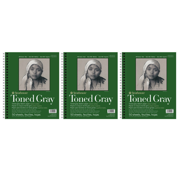 Strathmore 400 Series Sketch Pad, Recycled, Toned Gray, Side Wire Binding, 50 Sheet, 9X12 Inch, Pack Of 3 STTP41210903-3