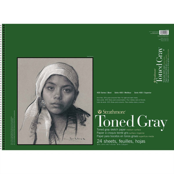 Strathmore 400 Series Sketch Paper Pad, Recycled, Toned Gray, Side Wire Binding, 24 Sheet, 18X24 Inch, 1 Count STTP412118