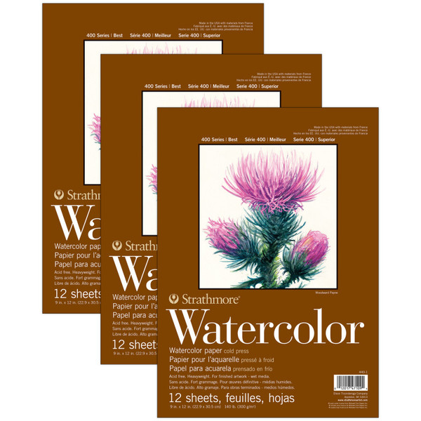 Strathmore 400 Series Watercolor Pad, Top Wire Binding, 12 Sheet, 9X12 Inch, Pack Of 3 STTP440103-3