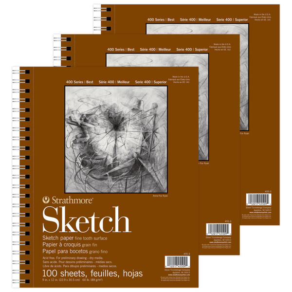 Strathmore 400 Series Sketch Pad, Side Wire Binding, 100 Sheet, 9X12 Inch, Pack Of 3 STTP455303-3