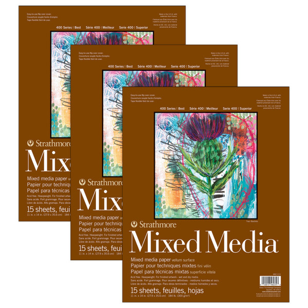 Strathmore 400 Series Mixed Media Pad, Glue Binding, 15 Sheet, 11X14 Inch, Pack Of 3 STTP46211103-3