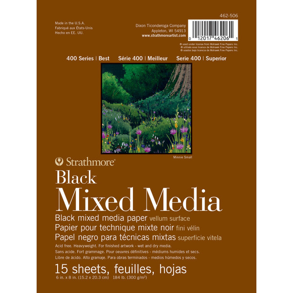 Strathmore 400 Series Mixed Media Pad, Black, Glue Binding, 15 Sheet, 6X8 Inch, 1 Count STTP46250606