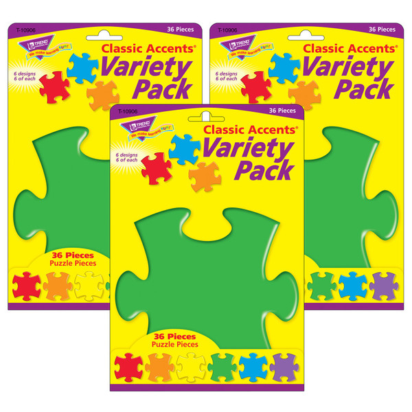 Trend Puzzle Pieces Classic Accents Variety Pack, 36 Per Pack, 3 Packs T-10906-3