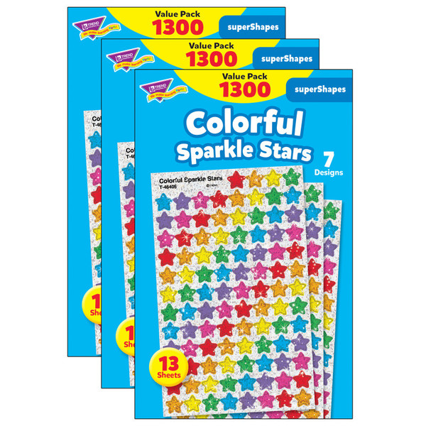 Trend Colorful Sparkle Stars Supershapes Value Pack, 1300 Per Pack, 3 Packs T-46910-3