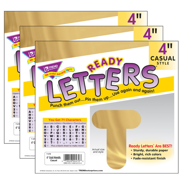 Trend Gold Metallic 4" Casual Uppercase Ready Letters, 71 Per Pack, 3 Packs T-479-3