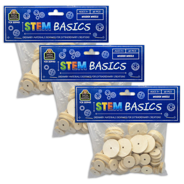 Teacher Stem Basics: Wooden Wheels, 60 Per Pack, 3 Packs TCR20940-3