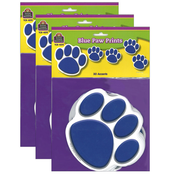 Teacher Blue Paw Prints Accents, 30 Per Pack, 3 Packs TCR4275-3