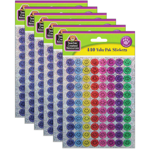 Teacher Mini Happy Face Sparkle Stickers Valu-Pak, Multi Color, 440 Per Pack, 6 Packs TCR6631-6