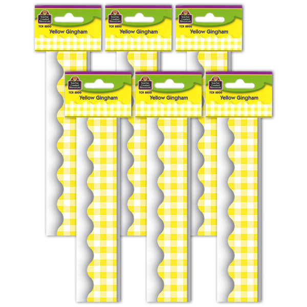 Teacher Yellow Gingham Scalloped Border Trim, 35 Feet Per Pack, 6 Packs TCR8500-6