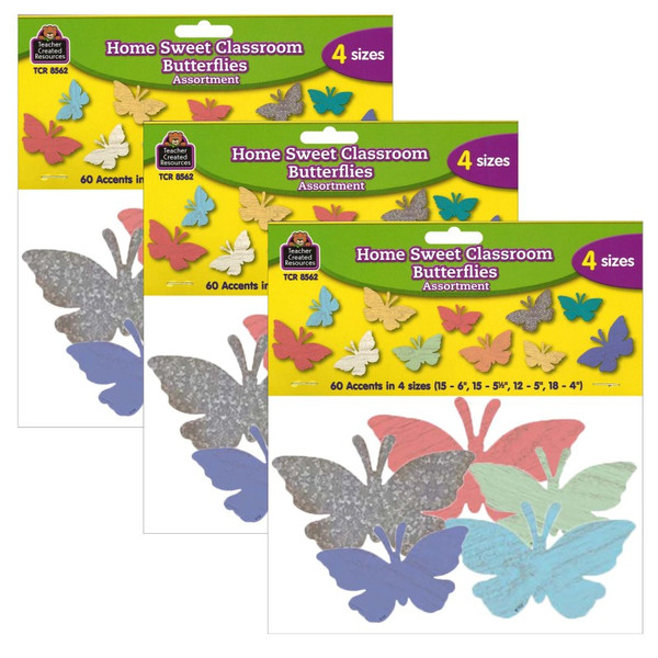 Teacher Home Sweet Classroom Butterflies Accents, Assorted Sizes, 60 Per Pack, 3 Packs TCR8562-3