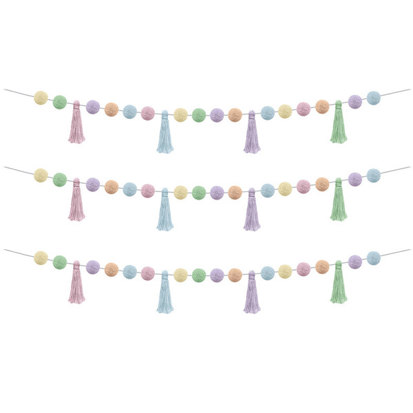 Teacher Pastel Pop Pom-Poms And Tassels Garland, 60", Pack Of 3 TCR9207-3