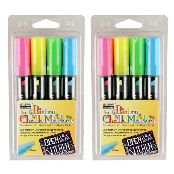 Marvy Bistro Chalk Marker Chisel Tip Set 4H, Fluorescent Colors, 4 Per Pack, 2 Packs UCH4834H-2