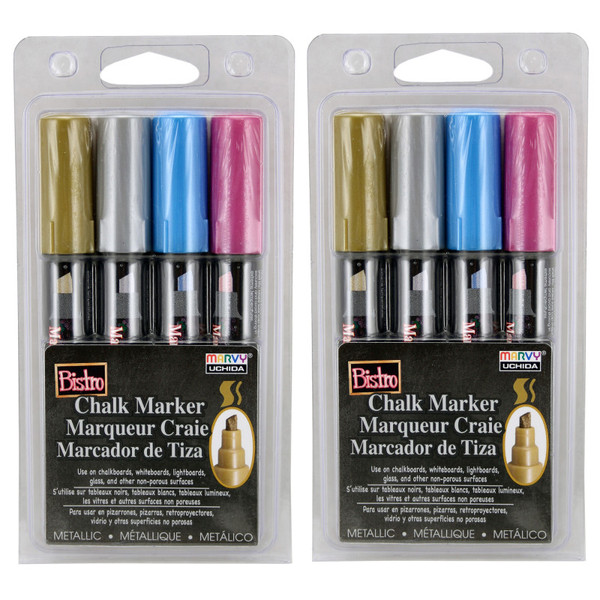 Marvy Bistro Chalk Markers, Chisel Tip, Silver, Gold, Blue, Red, 4 Per Pack, 2 Packs UCH4834M-2