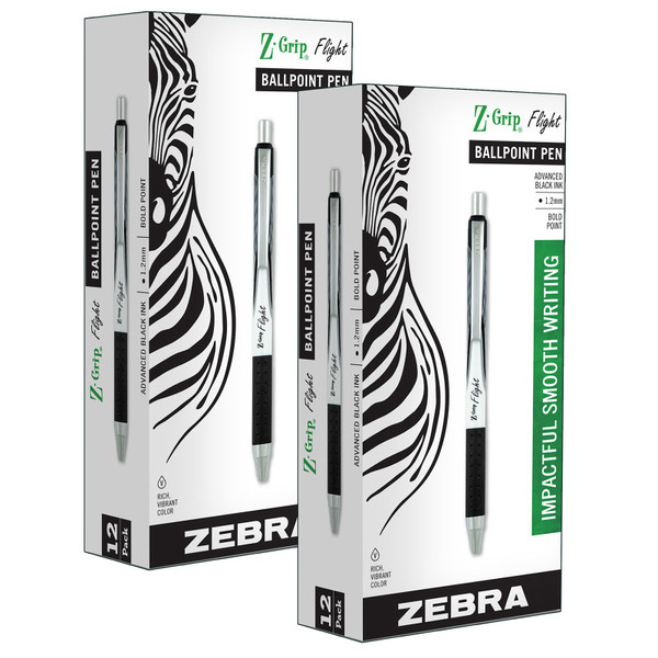 Zebra Z-Grip Flight Ballpoint Retractable Pen 1.2Mm, Black, 12 Per Pack, 2 Packs ZEB21910-2
