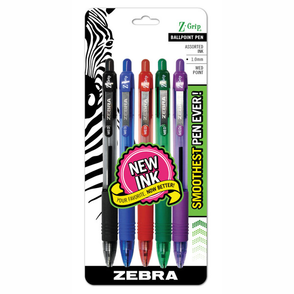 Zebra Z-Grip Ballpoint Retractable Pen, 1.0Mm, Assorted, 5-Pack ZEB22205