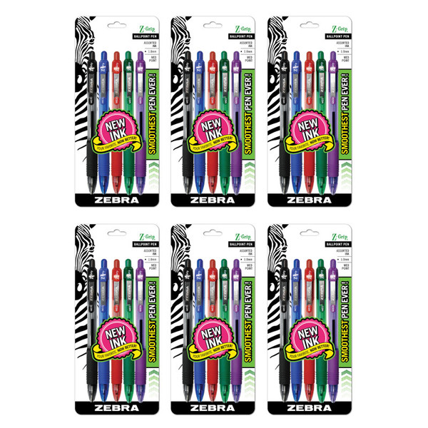 Zebra Z-Grip Ballpoint Retractable Pen, 1.0Mm, Assorted, 5 Per Pack, 6 Packs ZEB22205-6