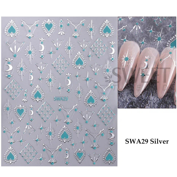 Beige - Metallic Bohemian Style Nail Sticker Gold Silver Lace Lines Green Gem Love Heart 3D Holographic Manicure Sliders Nail Decoration By WTB