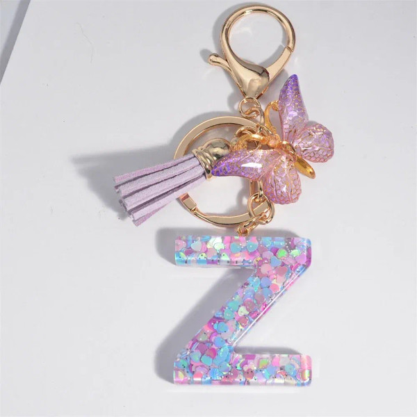 Dark Brown - Fashion Tassel Butterfly 26Letter Keychain Colorful Love Heart Filled Resin Alphabet Keyring Women Girls Car Bag Phone Pendant By WTB