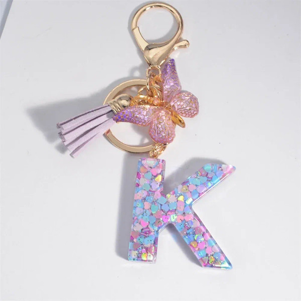 Gold - Fashion Tassel Butterfly 26Letter Keychain Colorful Love Heart Filled Resin Alphabet Keyring Women Girls Car Bag Phone Pendant By WTB
