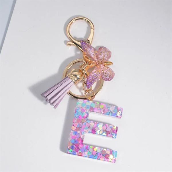 Gray - Fashion Tassel Butterfly 26Letter Keychain Colorful Love Heart Filled Resin Alphabet Keyring Women Girls Car Bag Phone Pendant By WTB