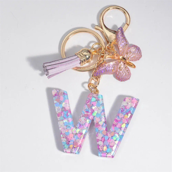 Dark Khaki - Fashion Tassel Butterfly 26Letter Keychain Colorful Love Heart Filled Resin Alphabet Keyring Women Girls Car Bag Phone Pendant By WTB