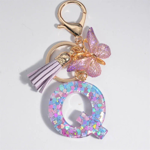 Khaki - Fashion Tassel Butterfly 26Letter Keychain Colorful Love Heart Filled Resin Alphabet Keyring Women Girls Car Bag Phone Pendant By WTB