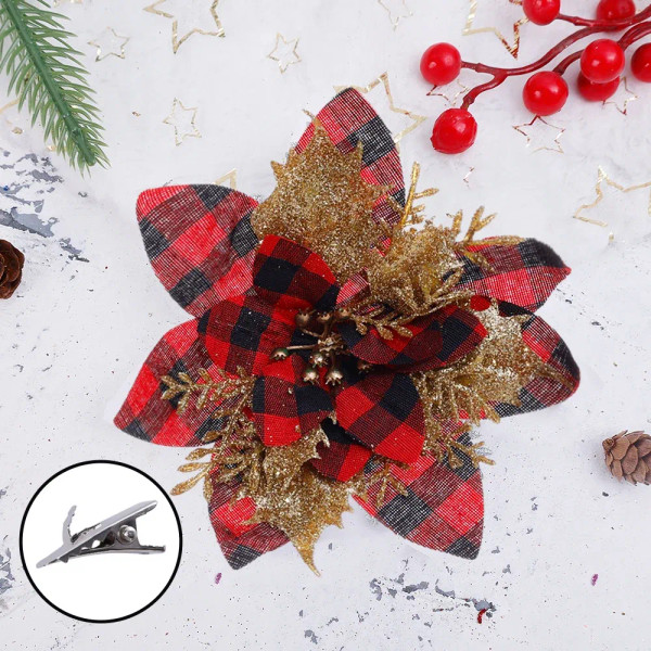 Black - Glitter Artificial Christmas Flowers Fabric Fake Flower Xmas Tree Ornaments Festival Christmas Wedding Party Home Decor Supplies By WTB