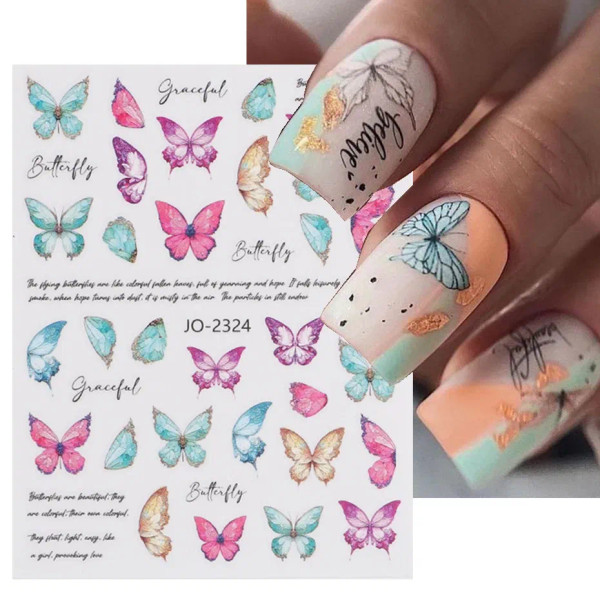 Light Khaki - 3D Blue Butterfly Adhesive Stickers Nail Art Decoration Laser Flowers Leaves Nail Sticker Nail Art Supplies Nail Parts By WTB