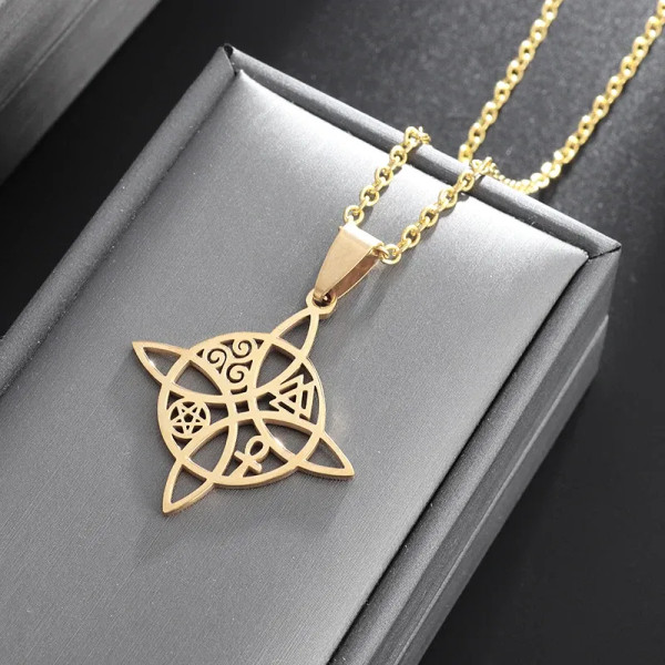 Metal Champagne Gold - Stainless Steel Silver Color Pattern Witch Knot Pendant Necklace Celtic Knot Lucky Jewelry Gift For Friends Family By WTB