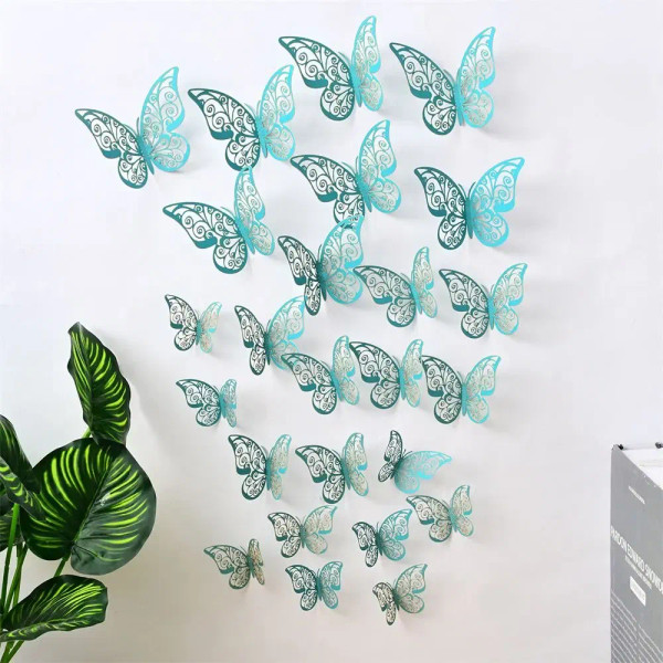 Plum - 12 Pieces 3D Hollow Butterfly Wall Sticker Bedroom Living Room Home Decoration Paper Butterfly By WTB