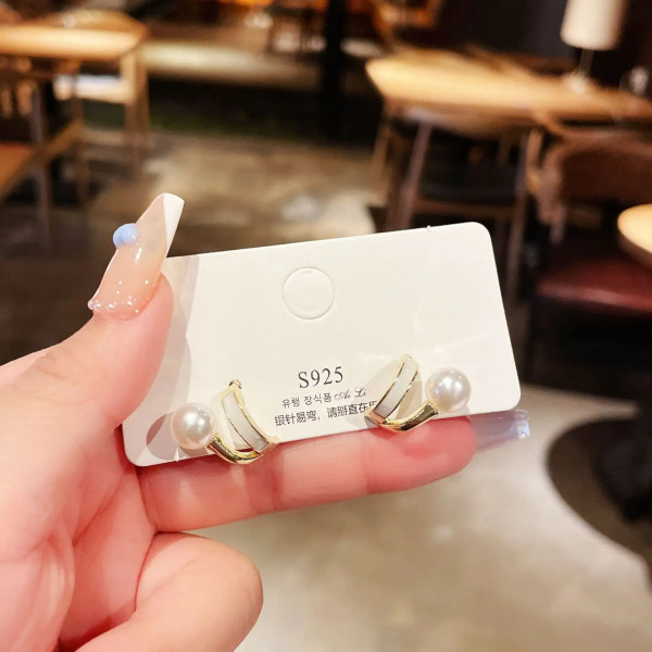 Metal Imitation Rhodium Plated - Imitation Pearl Stud Earrings For Women Alloy Heart Double Sides Back Post Hanging Ear Cuff Valentine'S Day Jewelry Girl Gift By WTB