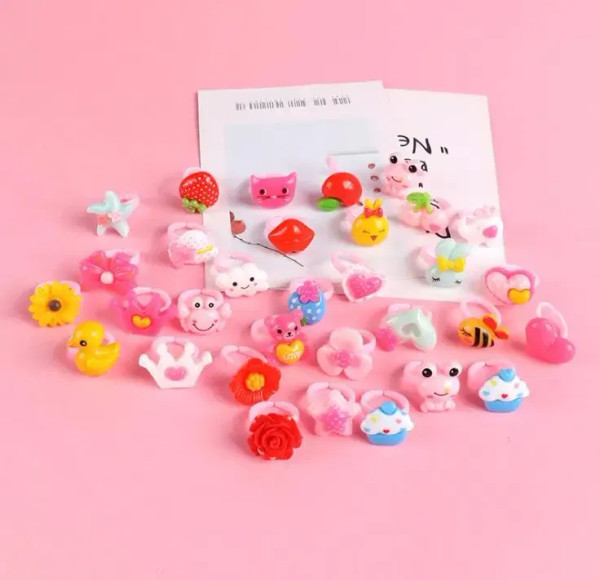 Main Stone Black - 12Pcs Ring For Children Jewelry Fashion Colored Multicolor Ring Cute Girls Gifts Lovely Fruit Scrub Animal Princess Suit Kinds By WTB