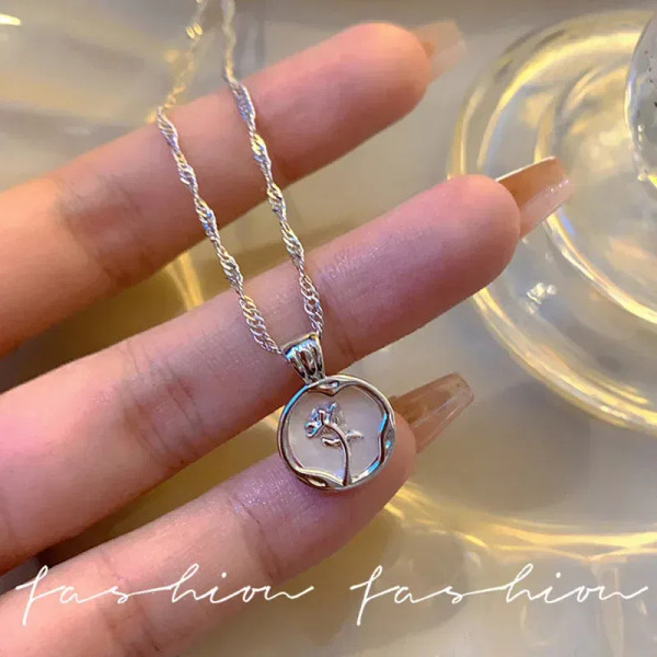 Metal Silver Plated - New Irregular Round Shell Metal Rose Pendant Stainless Steel Necklace For Women'S Vintage Clavicle Chain Party Luxury Jewelry By WTB