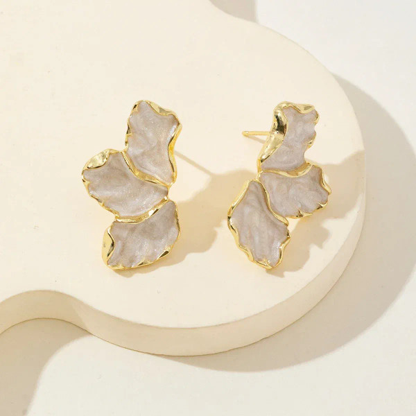Metal Light Yellow Gold Color - Metal Flower Cream Stud Earrings For Women Fashion Gold Color Plating Irregular Post Earrings Heavy Design Statement Earring By WTB