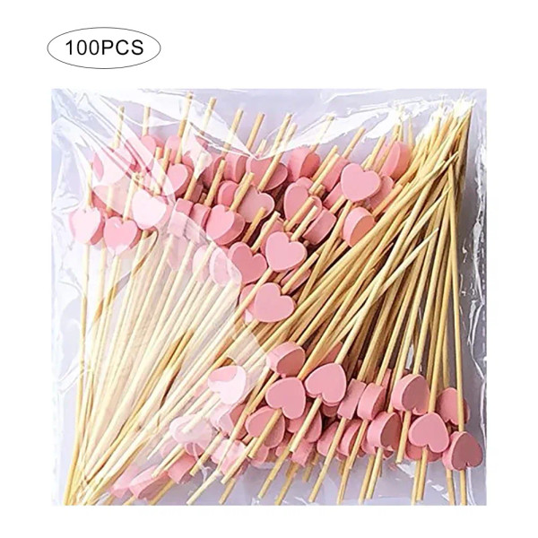 Pink - 100 Pack Of 12Cm Love Fruit Skewers Disposable Platters Sushi Burgers Cocktails Snacks Bamboo Skewers By WTB