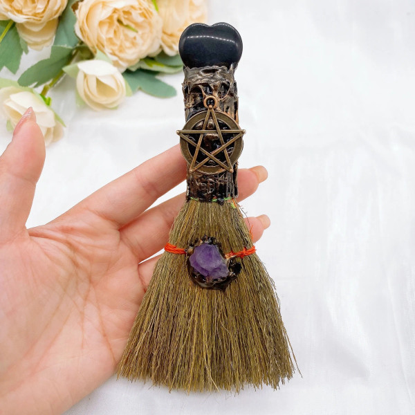Crystal Heart Shape Witch Broom Natural Rose Quartz Stone Magic Reiki Healing Gemstone Cleansing Home Decor Gift By WTB