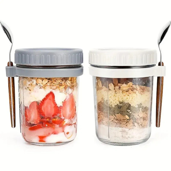 Blue, Capacity: 301-400Ml - 350Ml Overnight Oat Cup Glass With Lid And Spoon Seal Food Breakfast Cup Portable Cereal Milk Salad Yogurt Cup Kitchen Item By WTB
