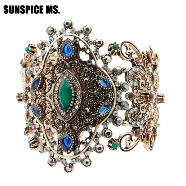 Metal Champagne Gold, Diameter: 58-60Mm - Sunspicems Charm Retro Indian Bangle Cuff Bracelet For Women Gold Color Turkish Big Bracelet Bride Wedding Jewelry Accessories By WTB