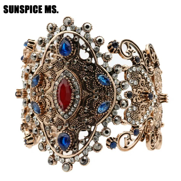 Metal Antique Silver Plated, Diameter: 58-60Mm - Sunspicems Charm Retro Indian Bangle Cuff Bracelet For Women Gold Color Turkish Big Bracelet Bride Wedding Jewelry Accessories By WTB