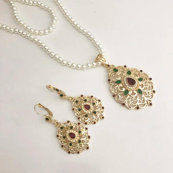 Metal Gold-Color - Moroccan Water-Drop Golden Color Pendent Caftan Pearl Long Chain Necklace Earring And Necklace For Morocco Women Jewelry By WTB