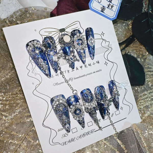 Blue - 10Pcs High Quality Handmade Press On Nails Heavy Industry Miaojiang Gu Poison Luxury Dark And Niche Spicy Girl Art Accessori By WTB
