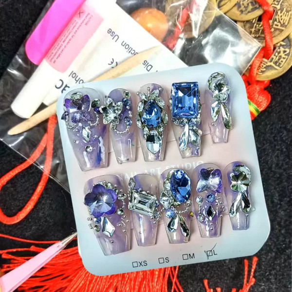 Apricot - 10Pcs Box-Packed Multicolored Crystal Press On Nails Bright Color Artificial Embellishment Ddiamond Elegant Nail Art Enhancement By WTB